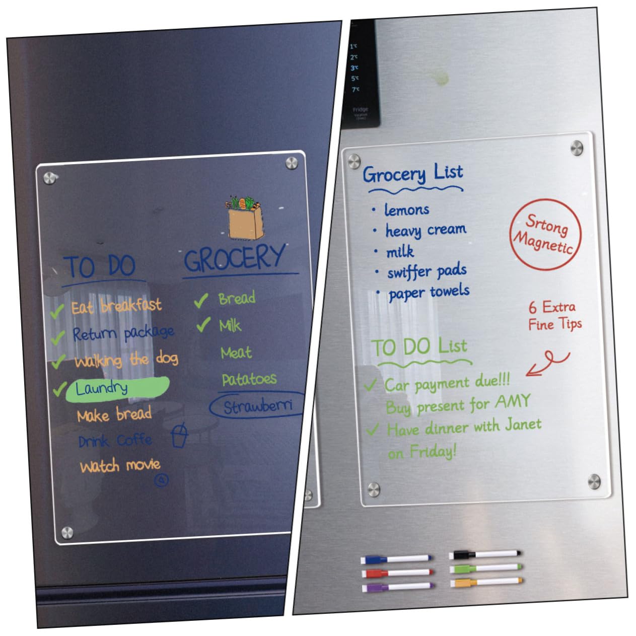 Magnetische Abwischbare Acryl Notiztafel A3 A4 Transparent mit 6 Whiteboard Markern Kühlschrank Planer für Haushalt Büro Schule