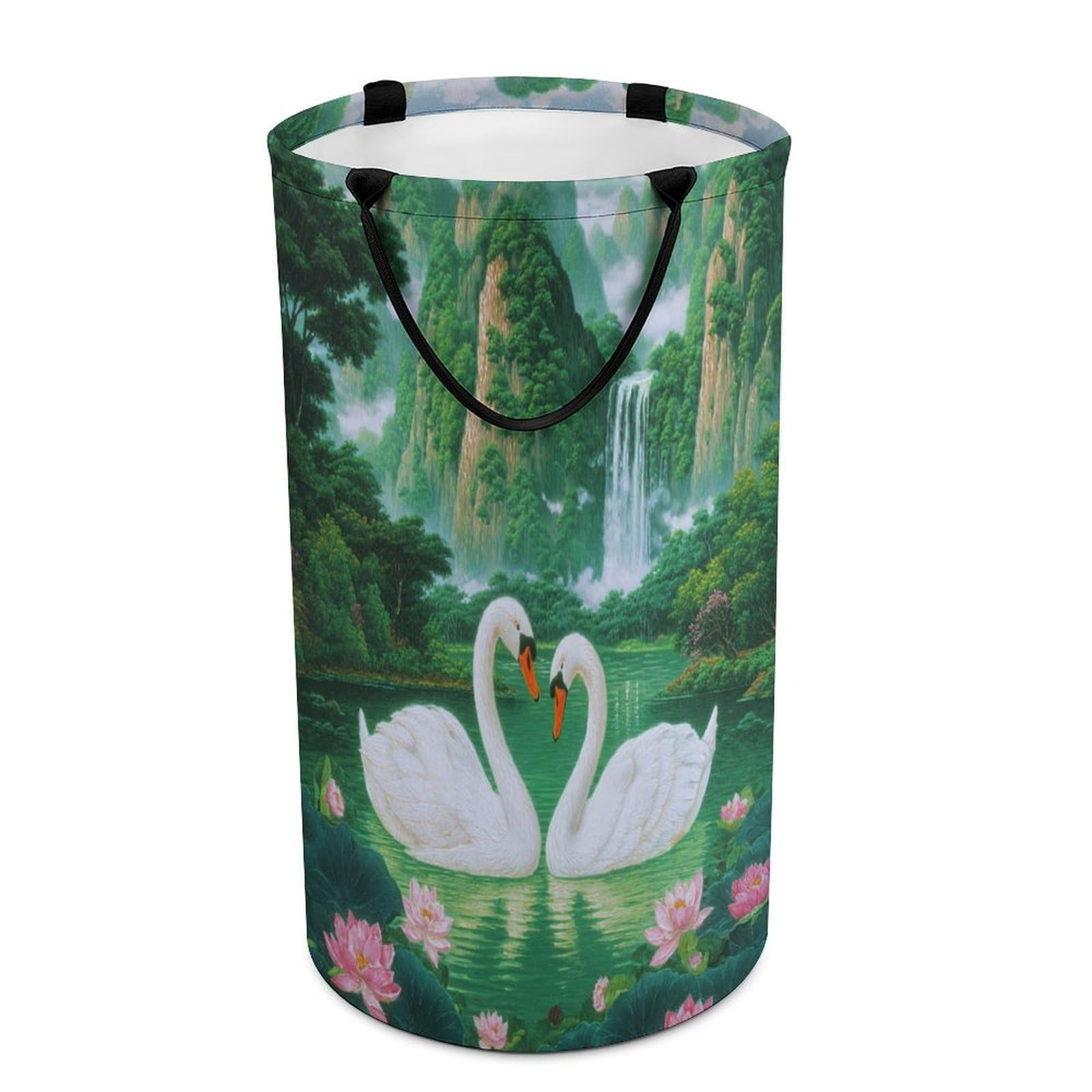 LUYYSKY Beautiful Elegant Swans Couple Collapsible Dirty Clothes Basket, Retro Watercolor Waterfall Animals Swans Plants Lotus Flowers Portable Clothes Storage Basket