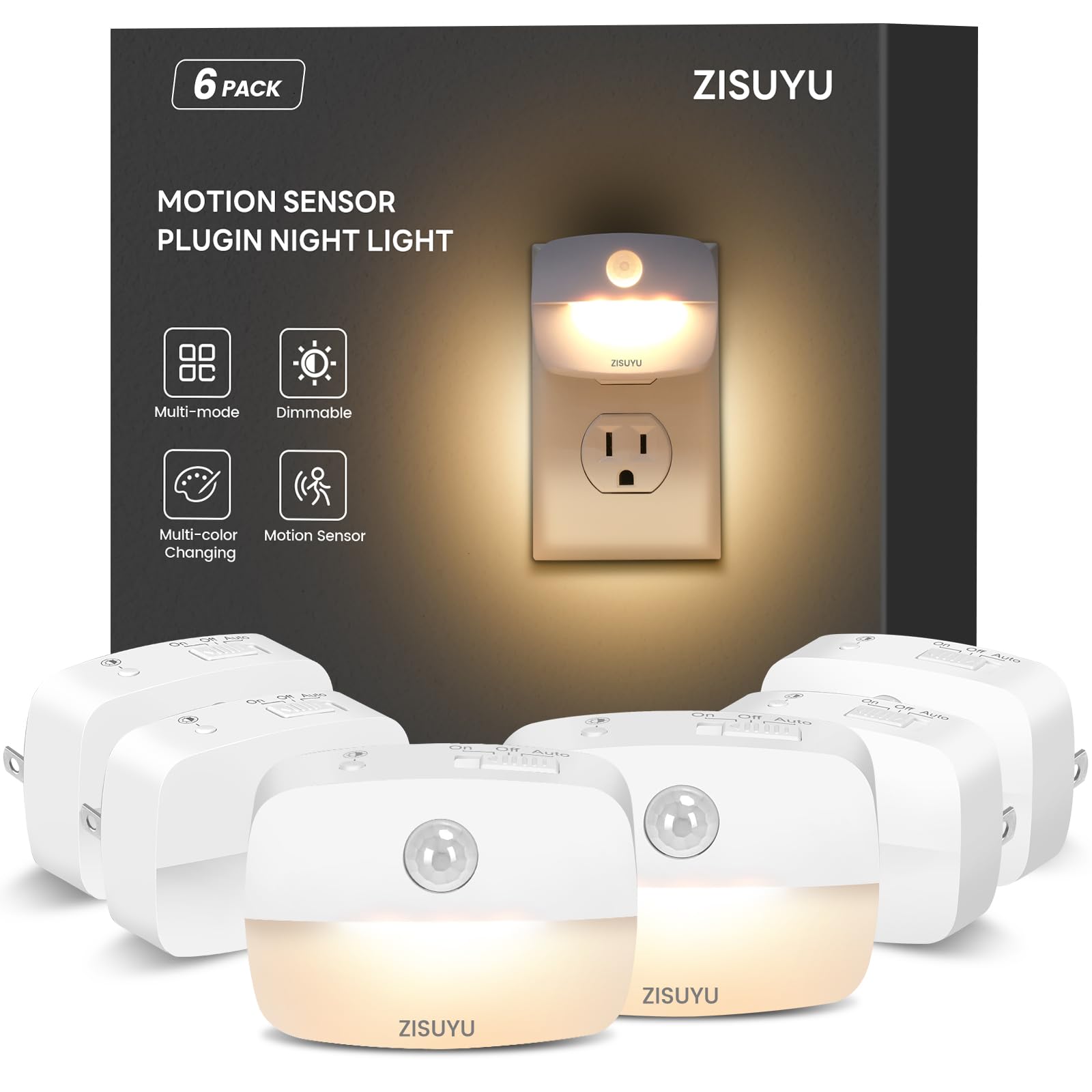 ZISUYU Plug-in LED Night Light with Motion Sensor, 10-60lm Dimmable Nightlight, 6 Pack