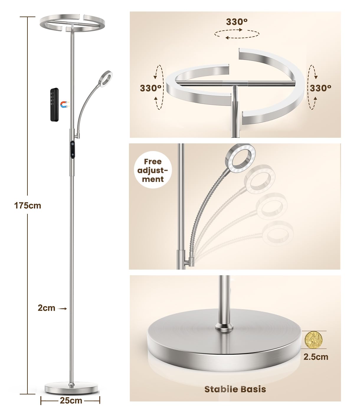 ANTENLICHT Stehlampe Dimmbar LED | Silber-Stehleuchte 20W mit flexibler 7W Leselampe | Modern deckenfluter mit fernbedienung mit 4 Farbtemperatur für Wohnzimmer, Schlafzimmer, Büro, Hotel