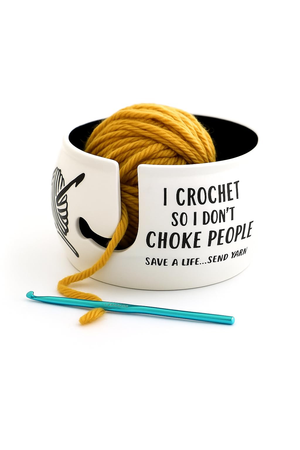 HOMBELLA Ceramic Yarn Bowl – Large Crochet Yarn Holder with Funny Quote “I Crochet So I Don’t Choke People” – Knitting & Crochet Gift for Women, Grandma, Aunt – Xmas & Birthday Present