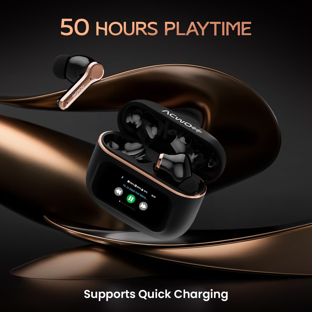 ACwO DwOTS Touch TWS in Ear Earbuds | Hd Touch Display | 32Db ANC | Transparency Mode | 50 Hrs Playtime | Ai-Enc Quad Mics | Find My Earphones | Bluetooth 5.4 | 4 Eq Modes | Golden Black 3