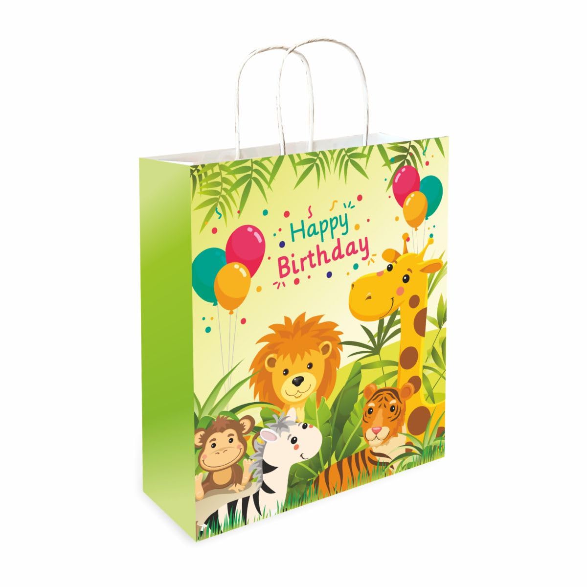 Omnipresent Pack 90 GSM Jungle Animal Theme Happy Birthday Printed Small Paper Gift Bags - Set of 12, Ideal for Kids' Birthday Gifts, Return Gifts & Party Favors (Size: 9.4x7.9x3 inch)-image-41