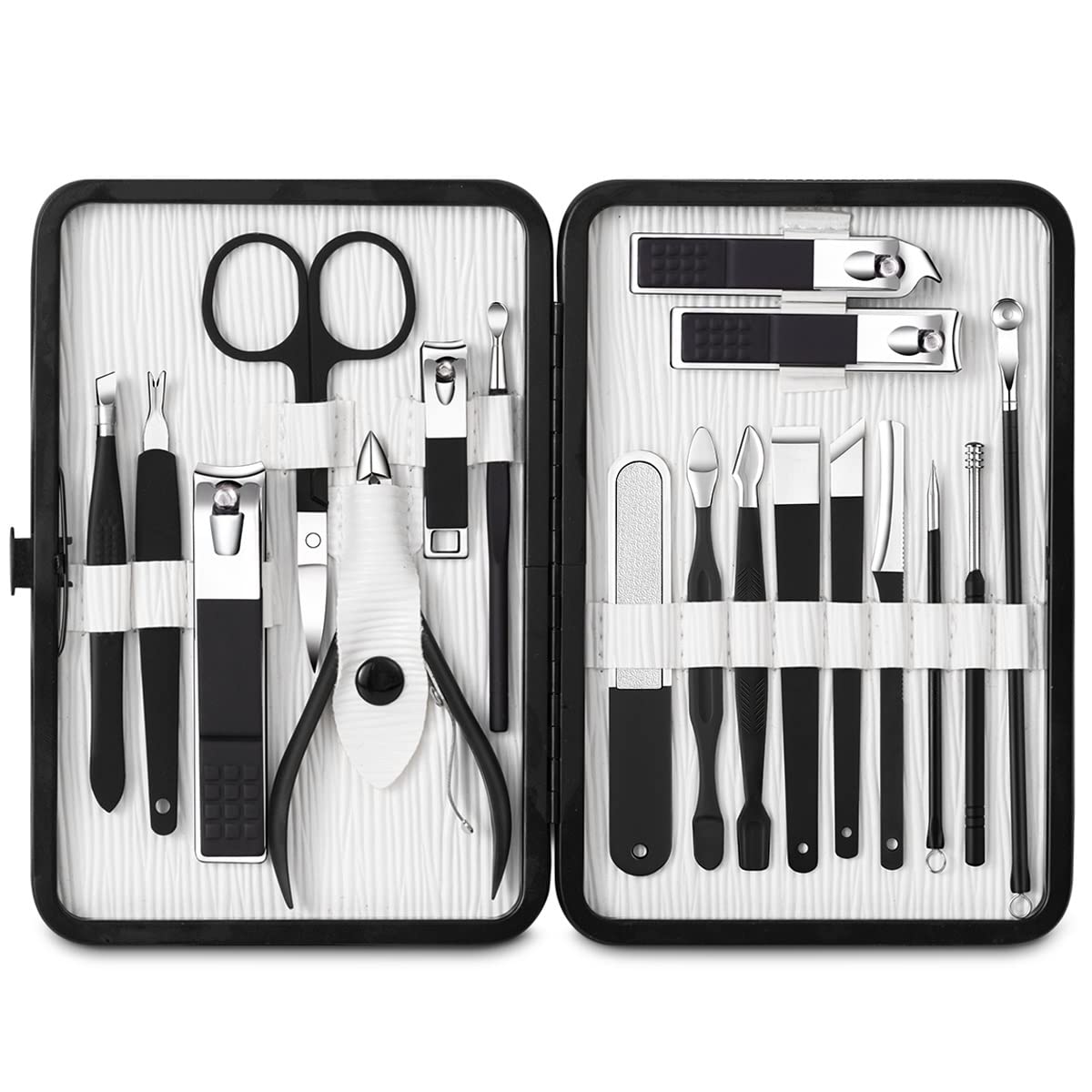 Juego de cortaúñas multifunción, cortador de pedicura, lima de uñas, kit de tijeras con estuche de viaje de acero inoxidable, juego de manicura azul (18 piezas, rosa)