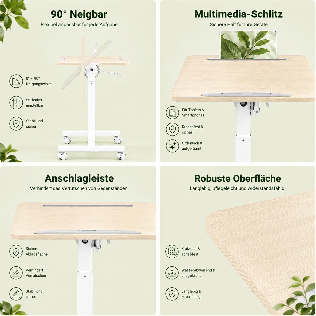 Table d'Appoint Mobile Réglable en Hauteur, Bois Clair