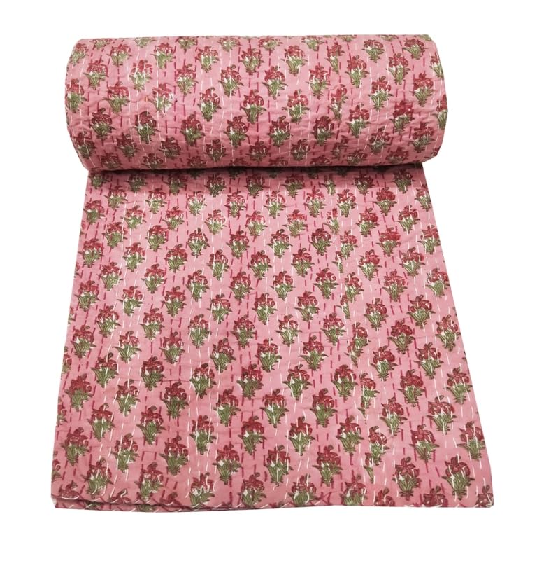 YUVANCRAFTS Indian Block Print Quilt Queen Kantha Quilts Kantha Throw Kantha Bedspread Blanket Cotton Bed Cover Quilt Boho Kantha Quilts Bedspread (Light Pink, Twin 90 X 60 Inch)
