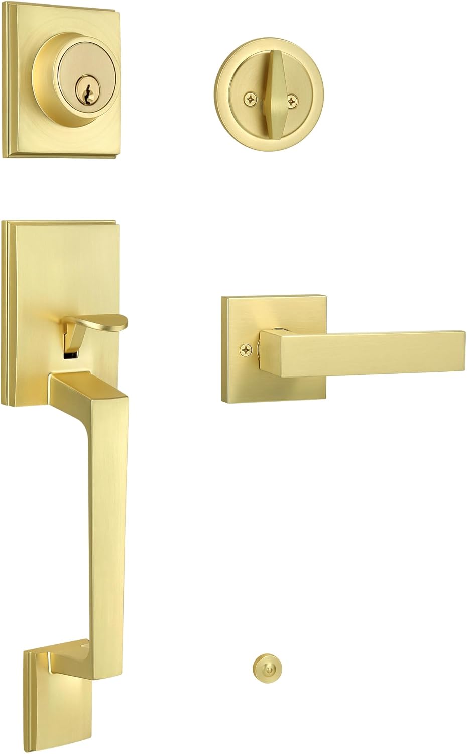 Brushed Gold Front Door Handle Set with Reversible Lever, Heavy-Duty Exterior Door Lock Set with Single Cylinder Deadbolt, Satin Brass Finish