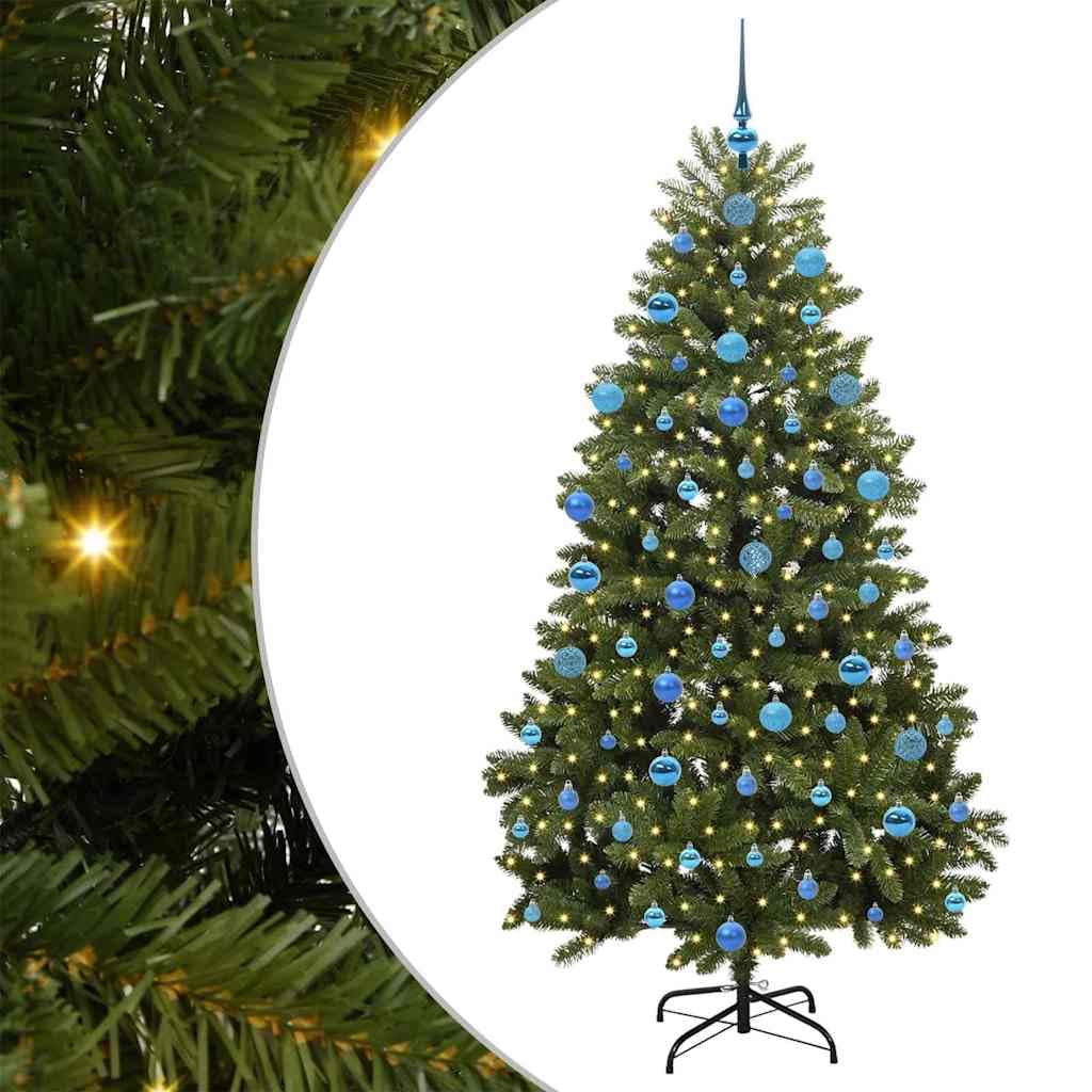 Sztuczna choinka zielona, 180 cm, PCW i metal, z 300 paskami LED o ciepłej białej barwie, składana, do użytku wewnątrz i na zewnątrz, w zestawie zestaw bombek bożonarodzeniowych