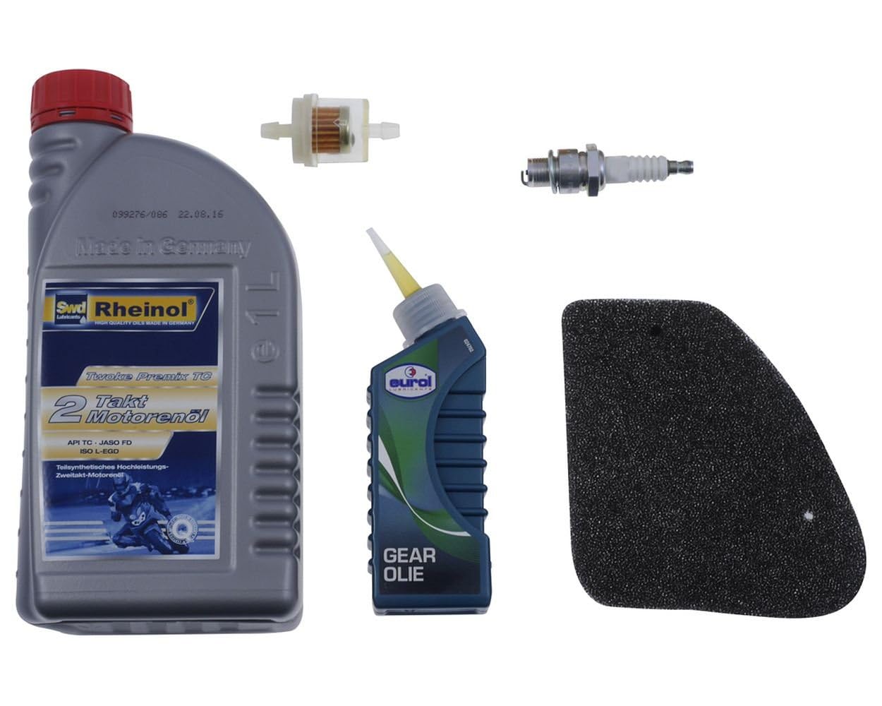 2EXTREME Inspektionsset petit, kompatibel mit Peugeot Buxy, Speedfight 1/2 | Kleines Set mit Zündkerze BR7HS, Motoröl, Getriebeöl, Benzinfilter; kompatibel mit Peugeot Elyseo, Elystar, Looxor, Speedake