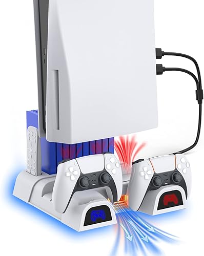 NexiGo PS5 Accessories - Soporte de refrigeración con ventiladores de iluminación LED y estación de carga de doble controlador para consola