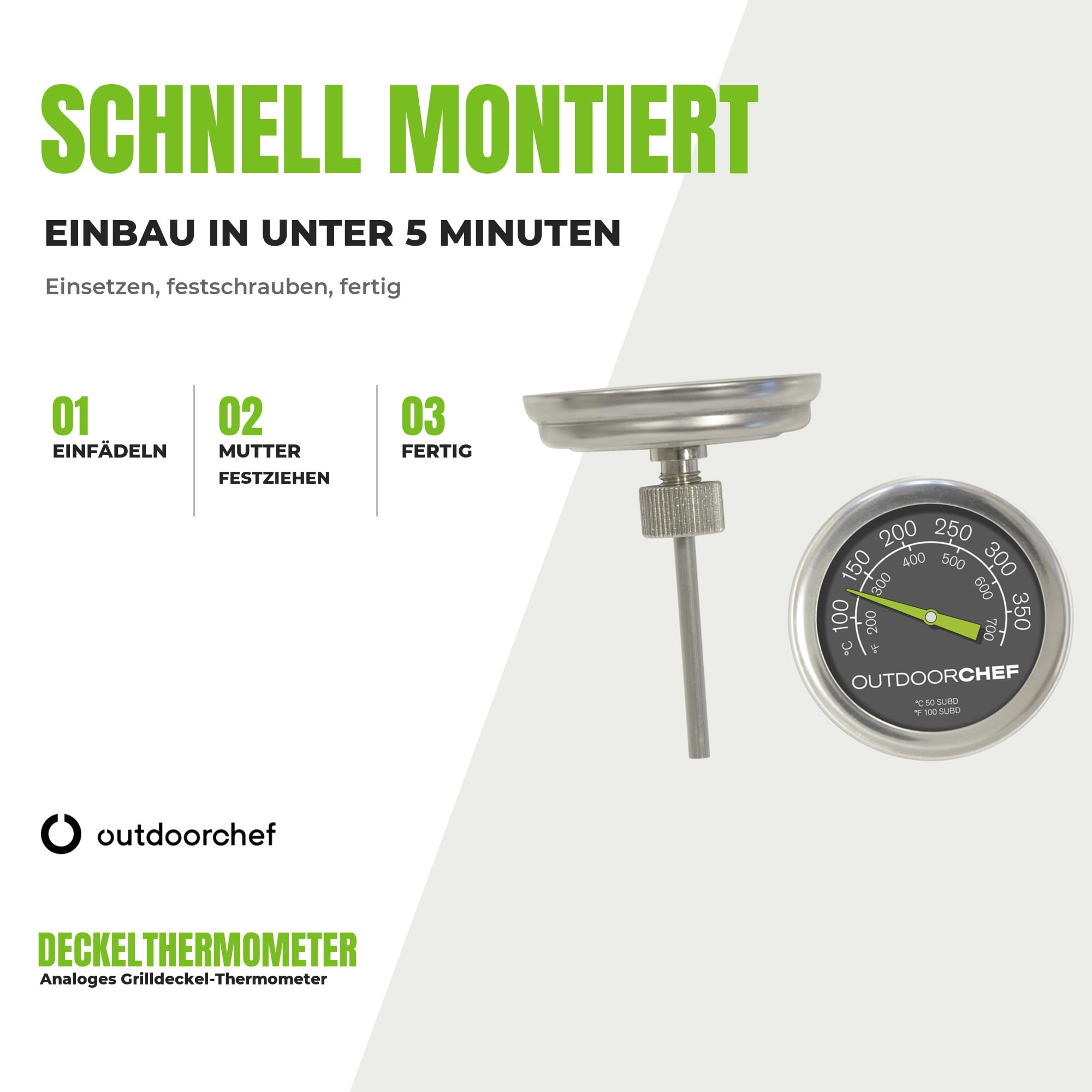 Outdoorchef 400 °C'ye kadar mangal termometresi, klasik kapak termometresi, ekstra büyük kadranlı
