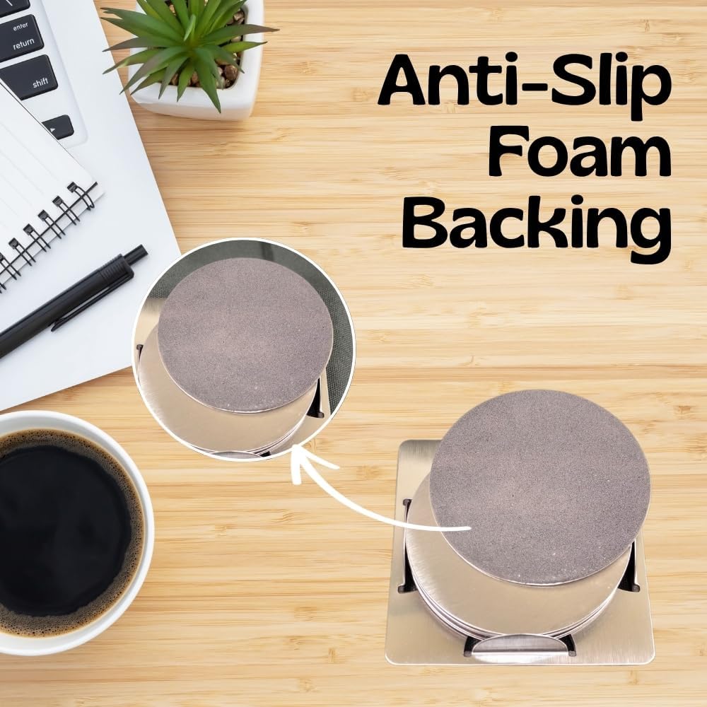 Stainless Steel Coasters – Set of 6 Round Drink Coasters with Holder & Sponge Bottom | Anti-Slip, Rust-Resistant Tabletop Protection for Home, Kitchen, Dining & Office Use (Steel Round) - Image 4