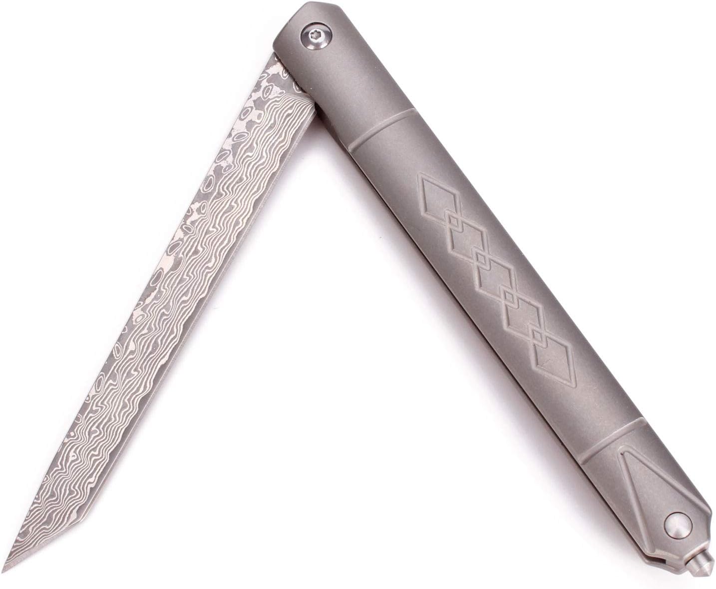 Samior GD035 Small Slim Folding Pocket Flipper Knife, 3.5 inches VG10 Damascus Tanto Blade, Grey Titanium Handle Frame Lock Pocket Clip, Sleek EDC Low Profile Gentleman's Knives