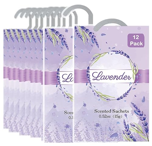 Wifadtoop 12 Packs Lavender Hanging Scented Sachets for Drawers and Closets with Retractable Hook| Long-Lasting Closet Air Freshener & Closet Deodorizer | Closet Scent Freshener (Lavender)
