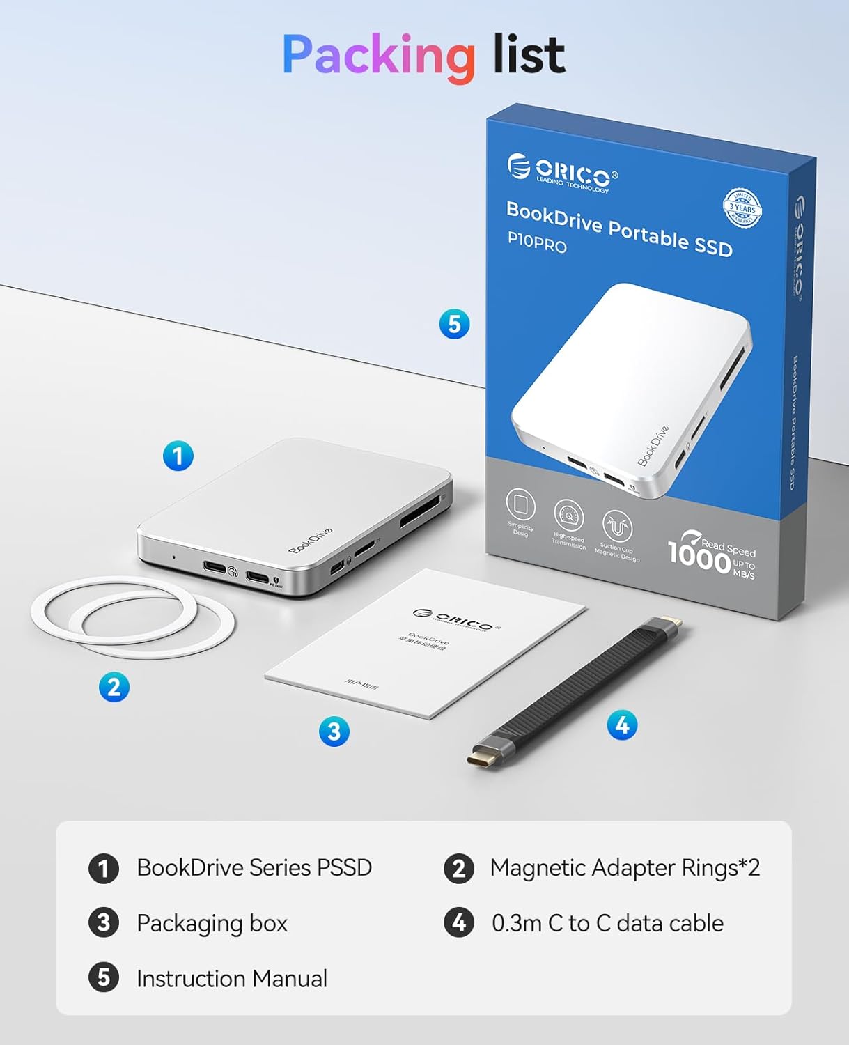 ORICO BookDrive 512GB Magnetic External SSD with SD/TF Card Reader and Short USB C Cable