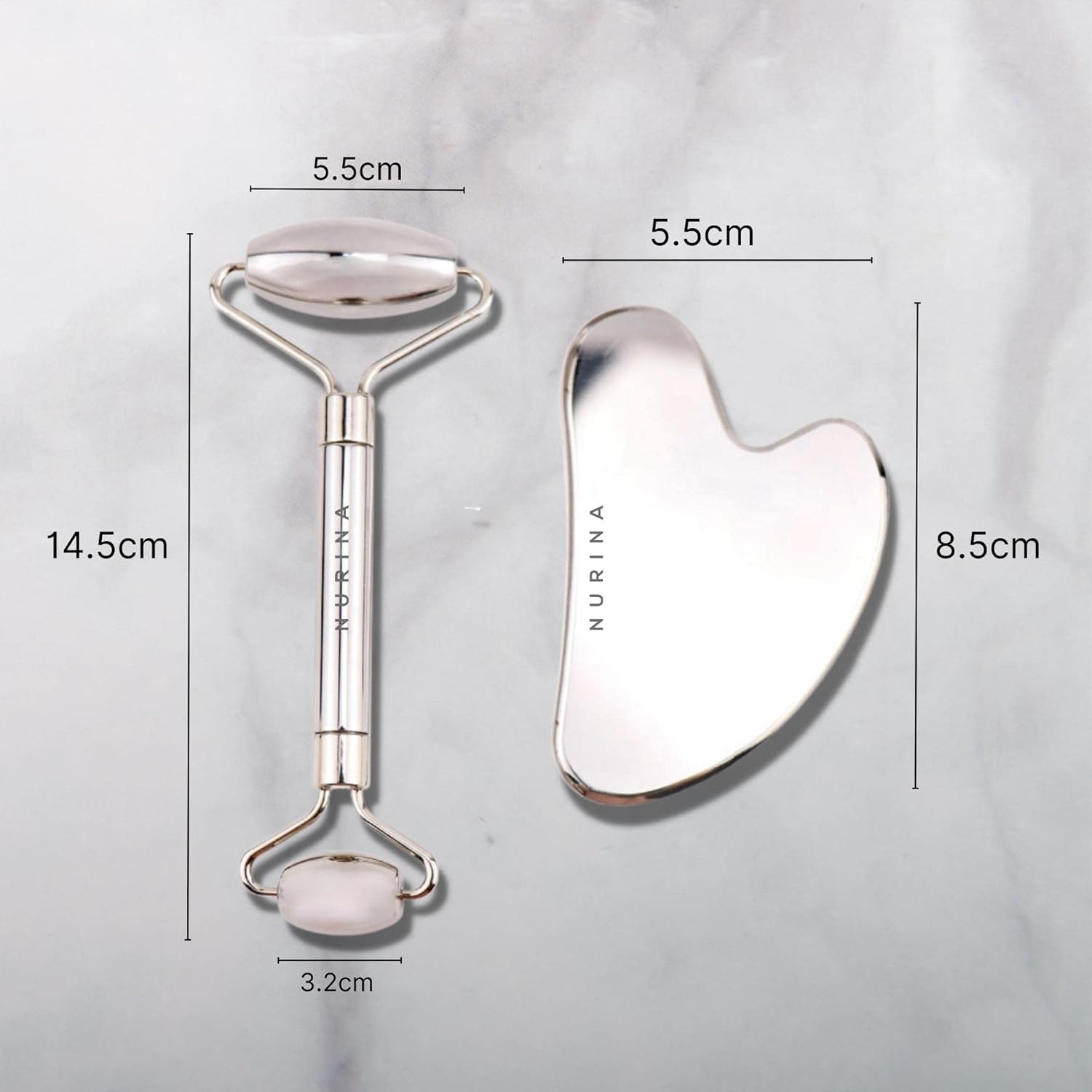 NURINA Pure Stainless Steel Ice Roller Face Roller & Gua Sha Set Double-Sided Facial Tools Face Massager Skin Care Set Gua Sha for Face Neck Body Anti-Wrinkle Facial Massage Kit
