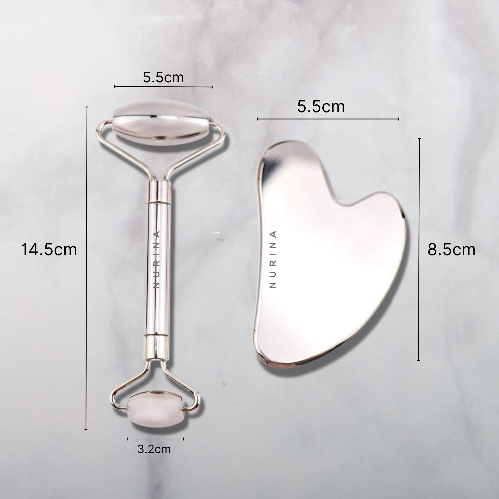 NURINA Pure Stainless Steel Ice Roller Face Roller & Gua Sha Set Double-Sided Facial Tools Face Massager Skin Care Set Gua Sha for Face Neck Body Anti-Wrinkle Facial Massage Kit