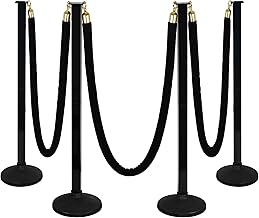 4 Pack Stanchions Post with Velvet Rope, Crowd Control Stanchions, Queue Pole for for Movie Theater, Party Supplies(Black) …