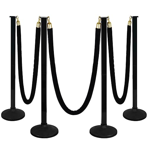 4 Pack Stanchion Post with Velvet Ropes (Weighted Base), Crowd Control Barriers, Red Carpet Runner Poles, Queue Poles for Party, Movie Theater, Plastic