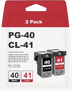 PG-40 CL-41 Ink Cartridge Replacement for Canon PG40 CL41 Ink Cartridge for PIXMA IP1800 IP2600 MP140 MP150 MP151 MP160 MP170 MP180 MP190 MP210 MP450 MP460 MP470 FAX JX200 1 Black, 1 Color