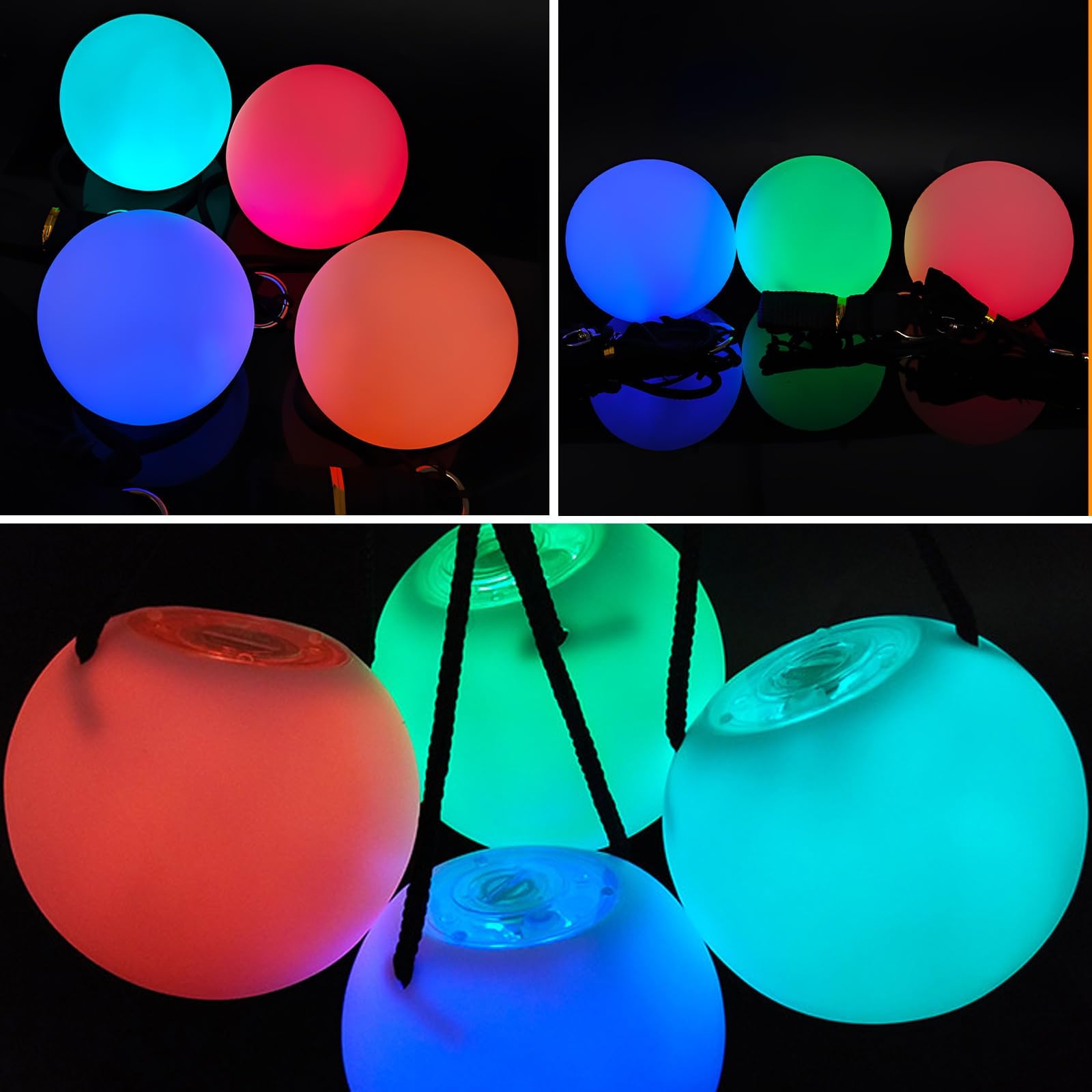 PORFOYO Set di 4 palline a LED Poi Glow, palline in PVC Poi, palline LED Glow Poi con colori arcobaleno e effetto stroboscopico, poi giocoliere luminose, per danza, spettacolo di luci, rave