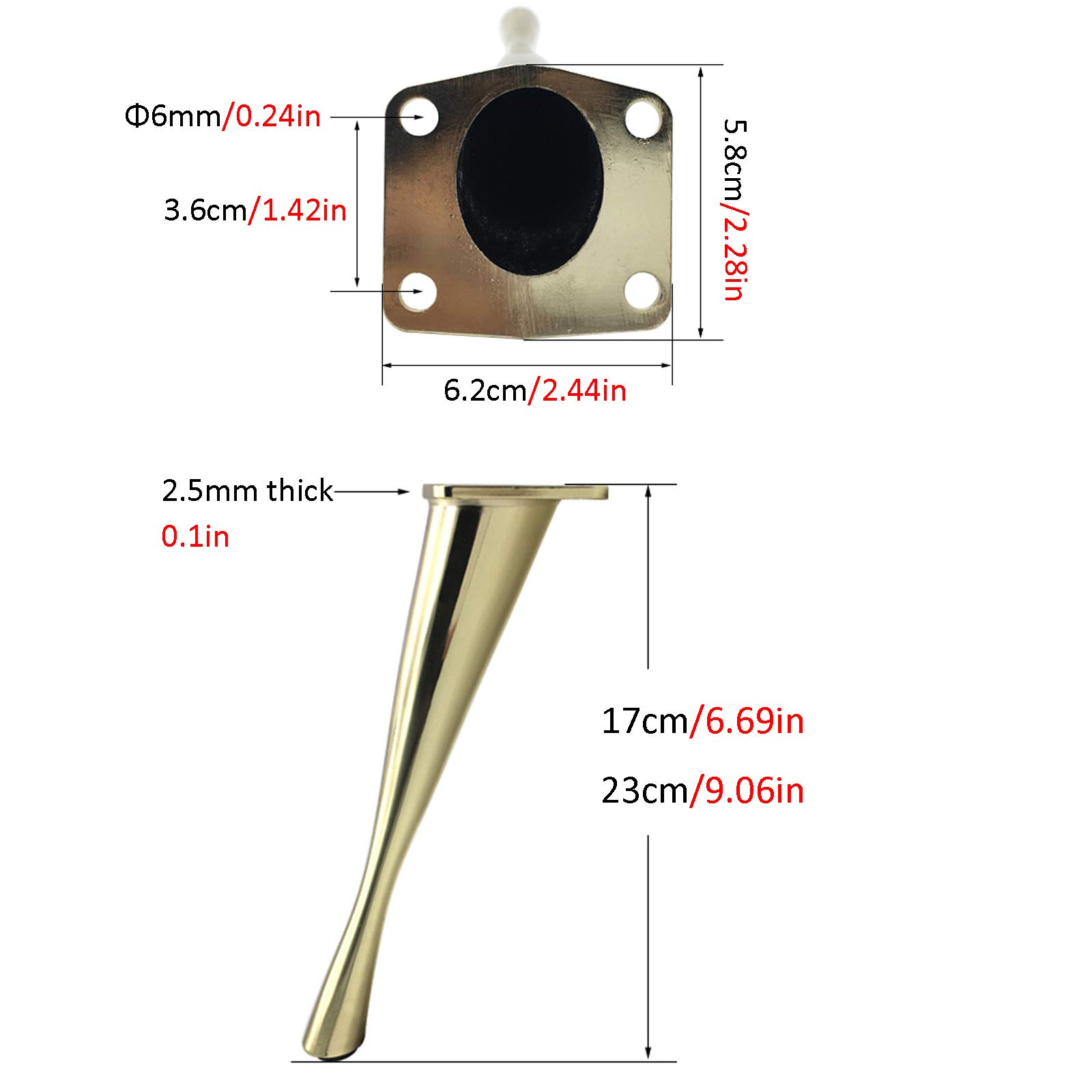 4 Pezzi Gamba per Mobili in Lega di Zinco, Piedi per Mobili per Divani e Poltrone, per Armadi,Sedia, Tavolino,Armadi TV, Comodino,DIY Mobili Tavolo in Gambe, con 16 Viti,d'oro,23cm/9.06in