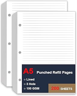(2 Pack) A5 Lined Paper Refill, 3 Hole Refill Paper, A5 Filler Paper, 200 Sheets/400 Pages Loose Leaf Paper for Filofax Pl...