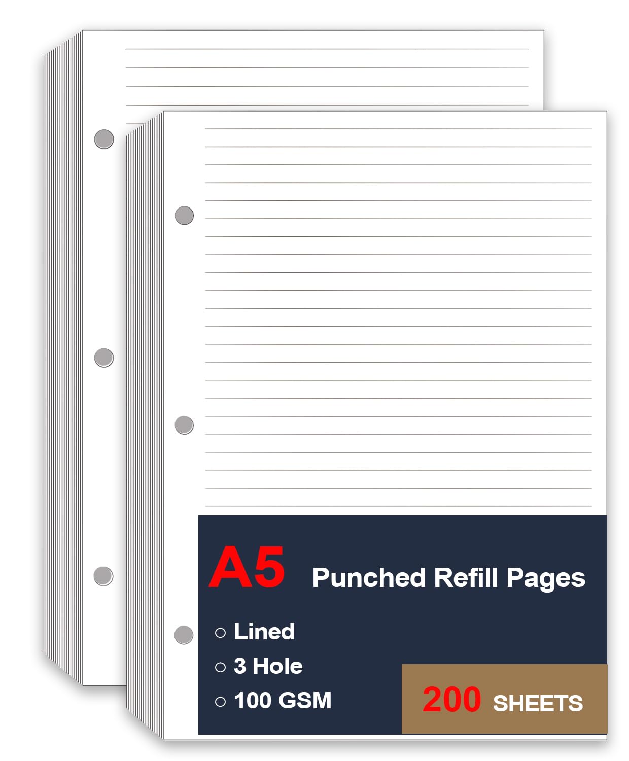 (2 Pack) A5 Lined Paper Refill, 3 Hole Refill Paper, A5 Filler Paper, 200 Sheets/400 Pages Loose Leaf Paper for Filofax Planner Refills, Organizer, Binders, 100gsm, 5.8 x 8.2 In