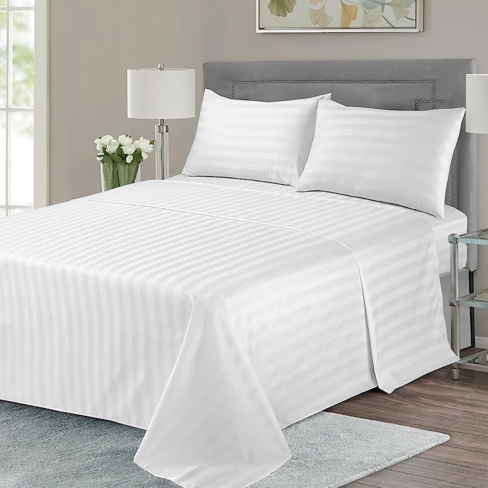 Belem 24 Hotel Sheets Twin Flat (66”x115”), Extra Soft Bulk Swiss Stripes White Sheets | 2 Dozen Wholesale Pack | Wrinkle, Fade & Stain Resistant – Luxury Hotel Style Sheets