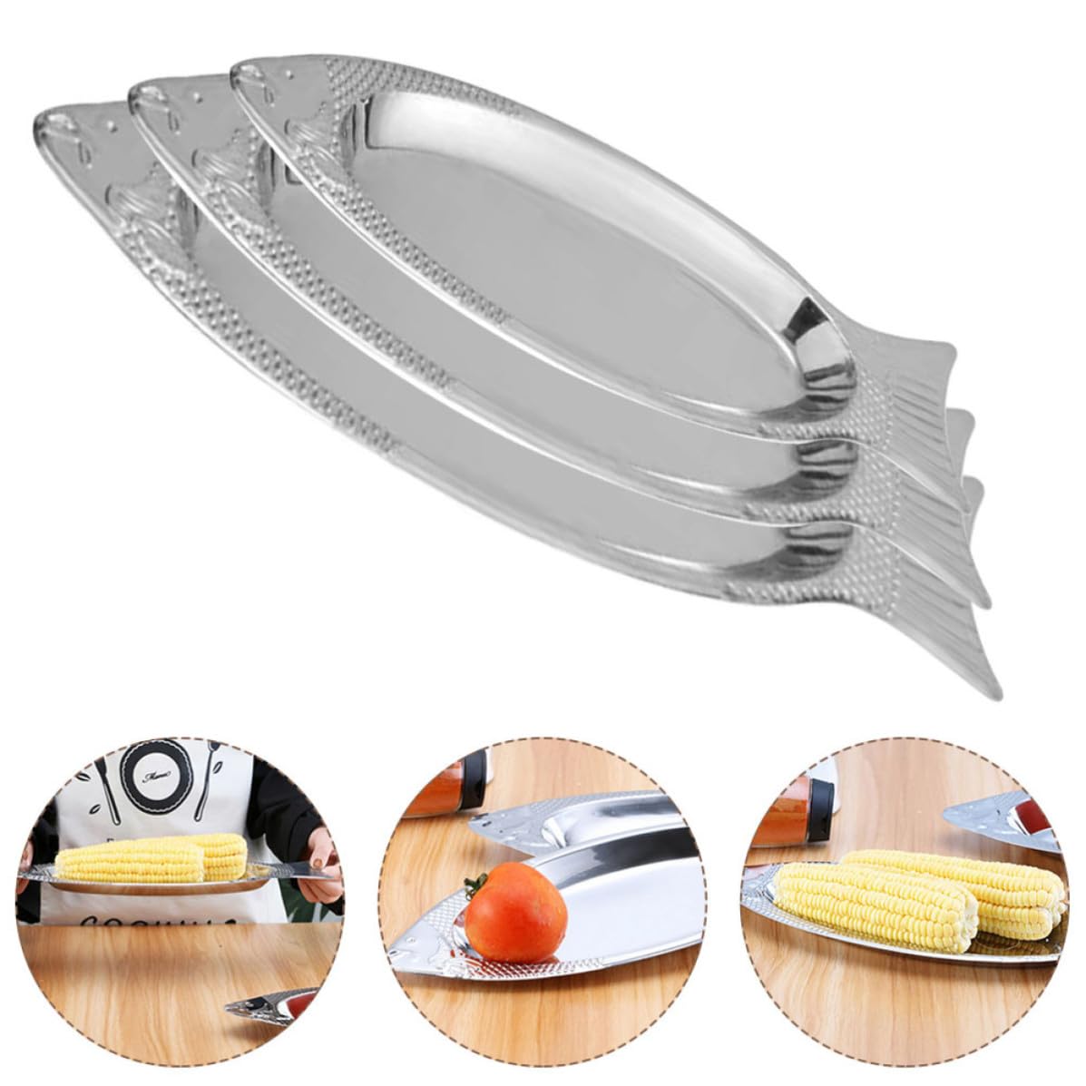 Bandeja de Pescado de Acero Inoxidable 3 Piezas para Servir | Plata, Forma de Pez, Apta para Microondas y Vapor, Superficie Lisa, Fácil de Limpiar, Uso en Hogar u Hotel