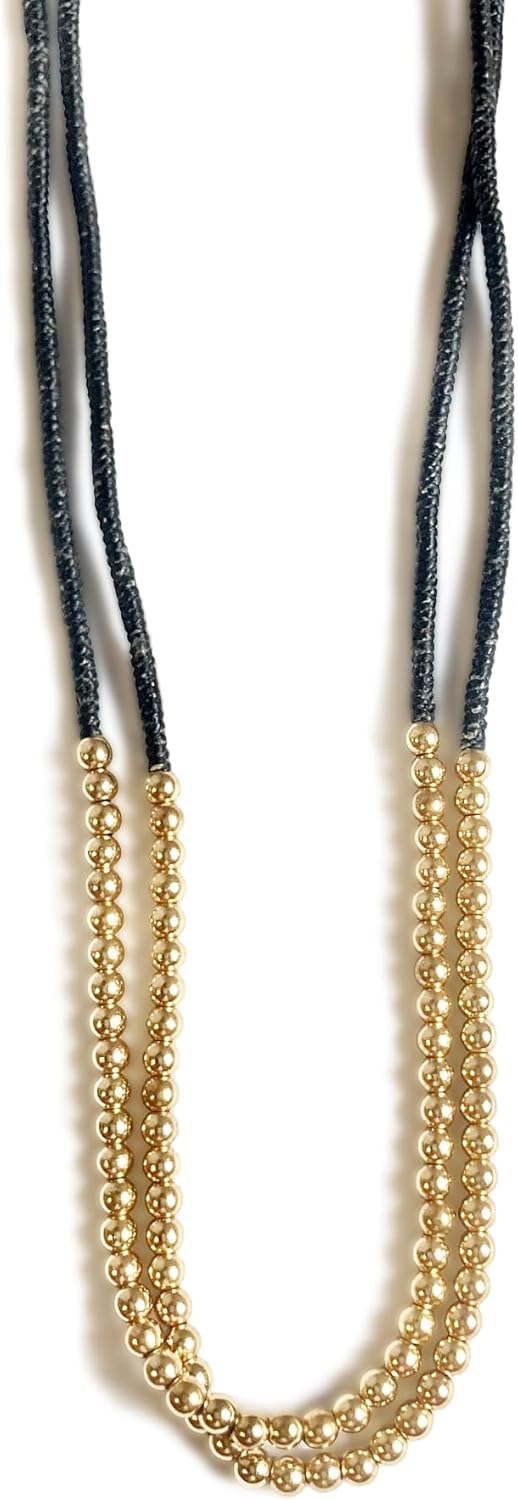 Double Layer Gold Beaded Necklace with Handwoven Wax Cord, Modern Chic Jewelry for Women