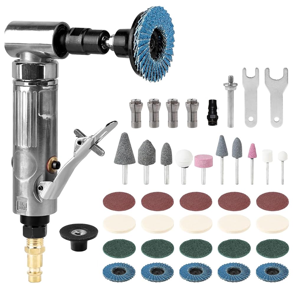 Amoladora Neumática,Amoladora de Ángulo de Aire Comprimido,Molinillo de Ángulo de Aire,40pcs 90 Grados, 22002 rpm con 1/4 NPT Piedras de Amolar y Discos de Lijado para Esmerilado, Pulido