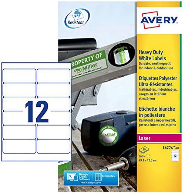 Avery L4776-20 Extra-Strong Adhesive Heavy Duty Weatherproof Labels,White,12 Labels Per A4 Sheet