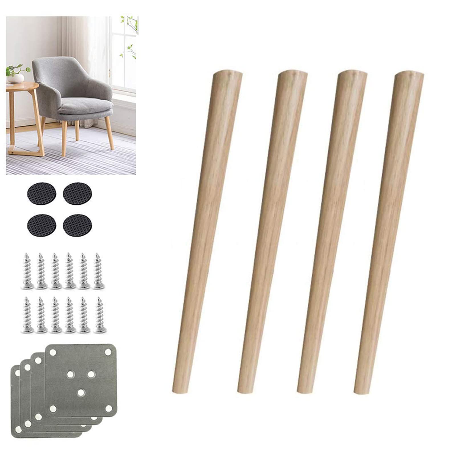 FCXURKOD 4Pcs Oak Solid Wood Furniture Legs for Sofa Cabinet Desk 31.5in Oblique Cone Shape with Accessories
