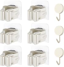 BASAMA ️ 6 Piece Broom and Mop Hanger with Adhesive, No Holes + 3 Adhesive Hooks | Broom Holder Wall Easy Installation (6 Pieces)