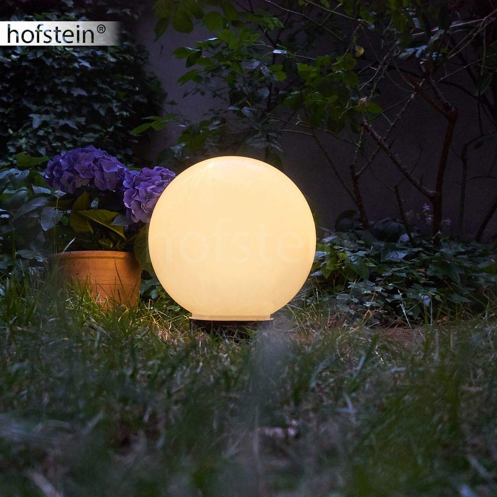 Boule lumineuse solaire LED Campinas en plastique blanc étanche, potelet de jardin de Ø 25 cm avec pieu de fixation, interrupteur on/off, 3000 Kelvin (blanc chaud)
