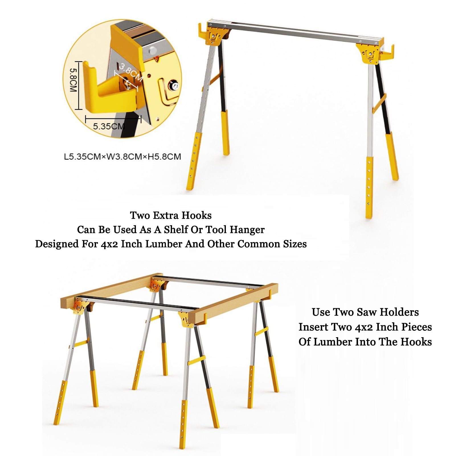 Chevalet de sciage pliable avec pieds réglables et crochets latéraux, construction en acier robuste pour soutien sur chantier et couper du bois de chauffage, capacité de 300 kg