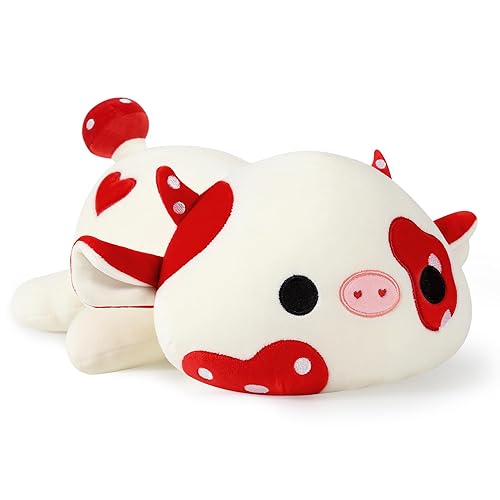 Onsoyours Cute Cow Plushie, Soft Stuffed Mushroom Love Cow Squishy Plush Animal Toy Pillow Gift for Kids (Red Mushroom Cow, 12")