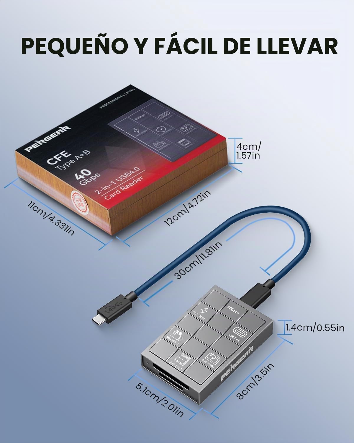 PERGEAR Lector de tarjetas profesional CFexpress 4.0 tipo A, USB tipo C 40 Gbps, tipo C a CFexpress tipo A+B 2 en 1, transferencia de alta velocidad para Windows/Mac/Linux/Android/iPad
