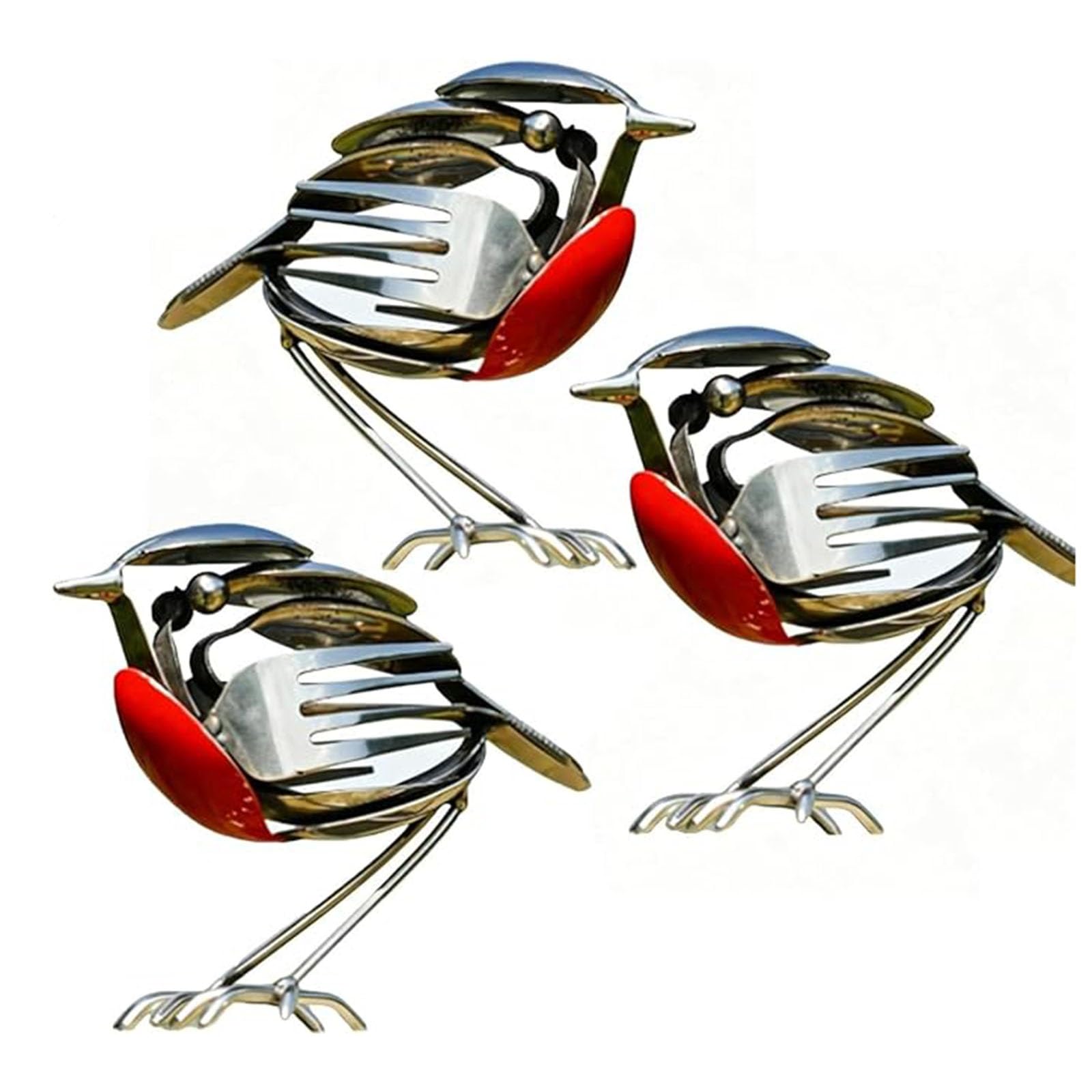 HEBE RUGS Metal Robin Garden Ornament Silver Ornament, Robin Bird Scrap Metal Art Sculpture,Garden Sculptures Statues, for Garden Patio Office Desk(3pcs)