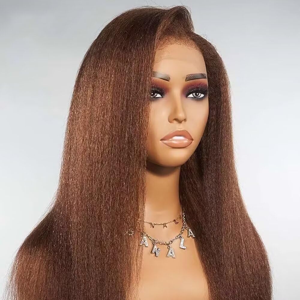 4C Kinky Edges Brown Kinky Straight Wigs Human Hair Pre Plucked HD Transparent Deep Pating 13X6 Lace Front Wigs Human Hair Chestnut Brown Yaki Straight Brazilian Hair Glueless Wigs 150% Density 14"