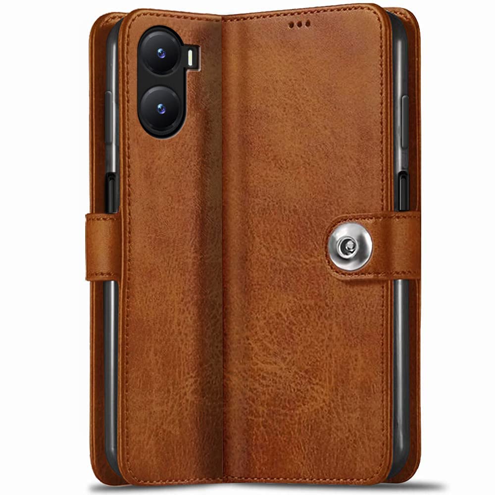 TheGiftKart Genuine Leather Finish Flip Back Cover Case for Vivo T2X / Y56 5G | Inbuilt Pockets & Stand | Wallet Style | Designer Button Magnet Flip Cover Back Case for Vivo T2X / Y56 5G (Brown) (B0C3LLVF4F) Amazon Price History, Amazon Price Tracker