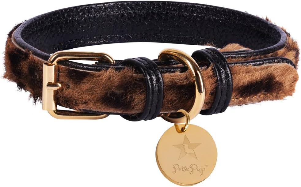 POISEPUP Genuine Leather Collar with Buckle for Dogs - Handmade, Adjustable & Soft - Leopard - Large (15.7-18.8 in)