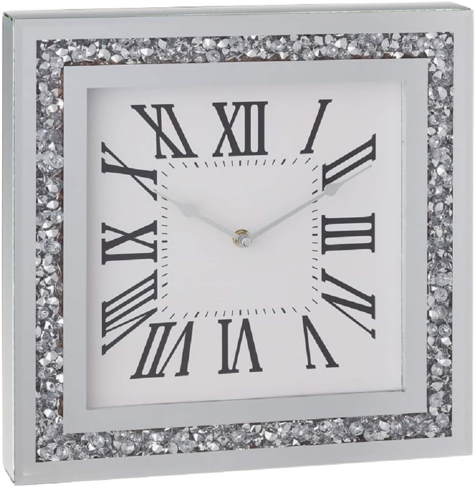 Mode Large Square Silver Glitter Wall Clock - Diamante