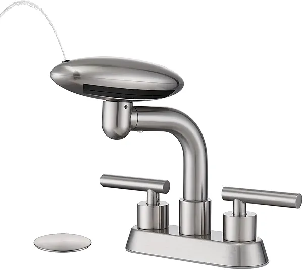 Bathroom Sink Faucet 3 Hole Brushed Nickel 4 Inch Centerset，4 Modes Waterfall Bathroom Faucet 2 Handle with 360° Swivel Spout & Pop Up Drain