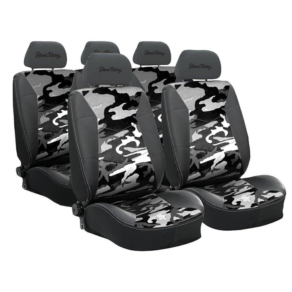 Simoni Racing CSR/GCW Coprisedili per Auto, Set Coprisedili Anteriori e Posteriori con Poggiatesta, Coprisedili Universali, Camouflage Mimetico Bianco