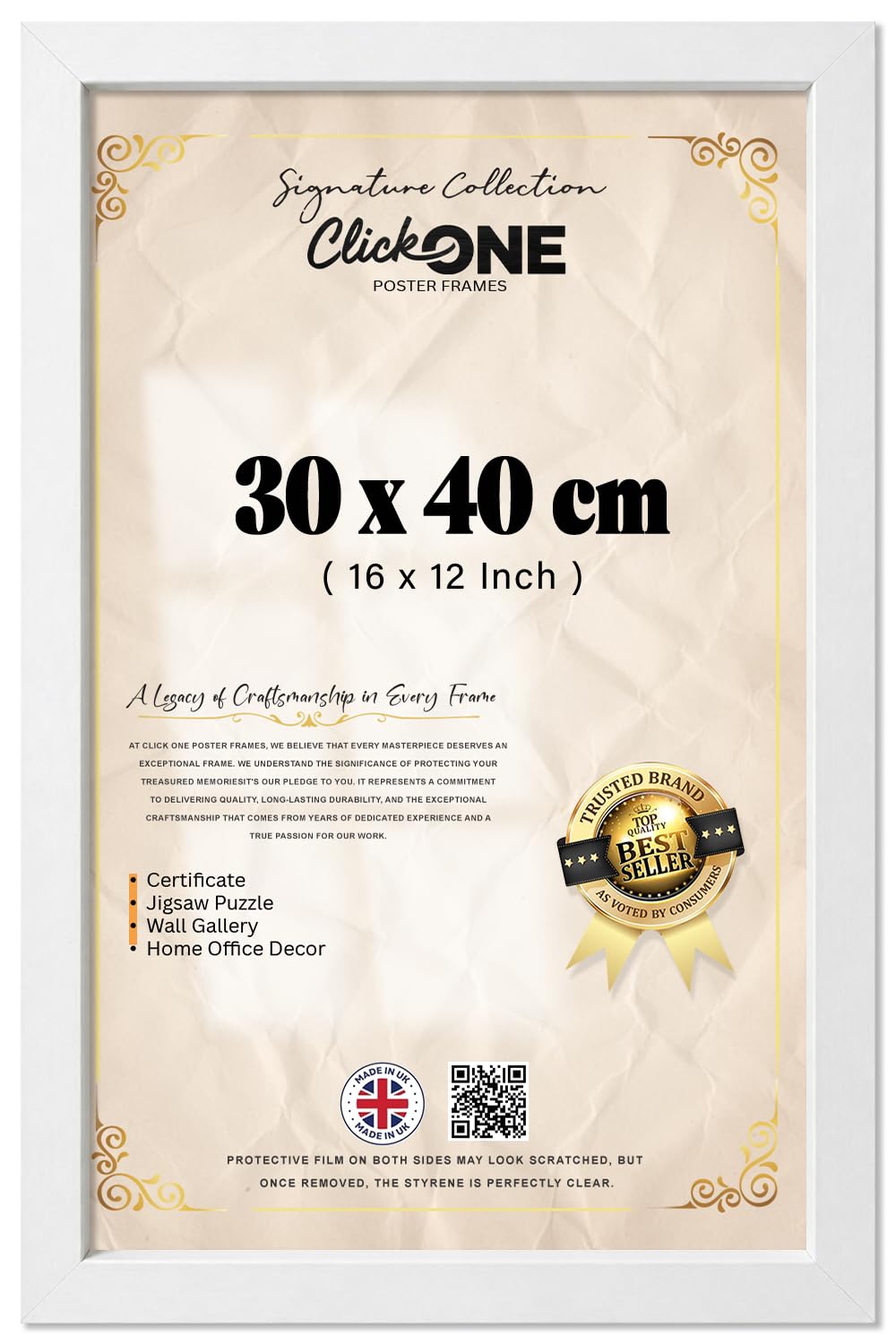 Click One Contemporary 30 X 40 CM Frame With Reversible Vertical And Horizontal Display For Paintings Photographs Prints White Border And 16 X 12 Inch Mat Opening For Wall Or Shelf — image 1