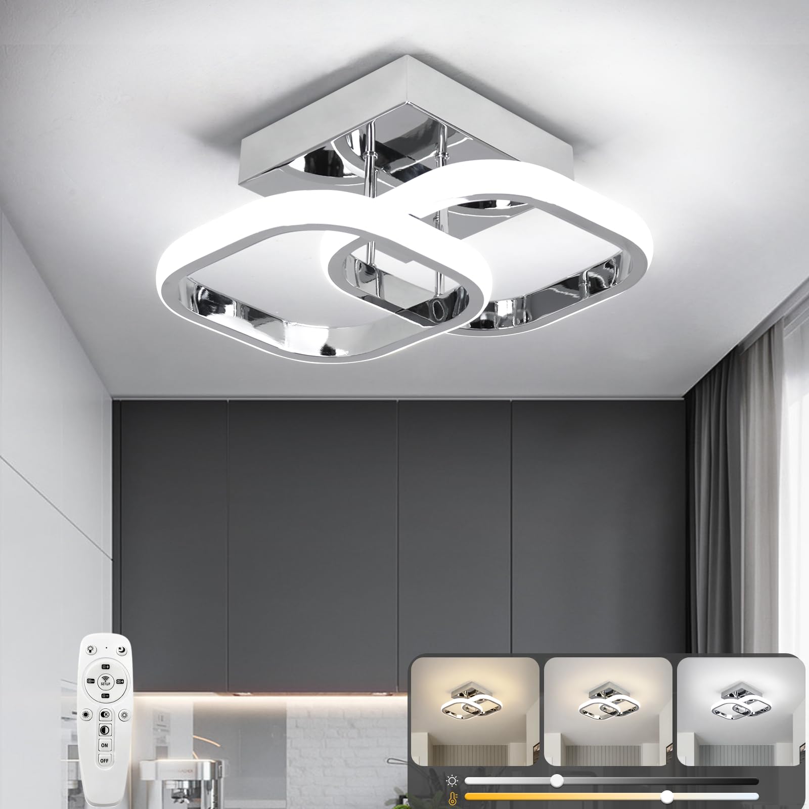 EIDISUNY Dimmable LED Ceiling Light Modern 24cm Square LED Ceiling Lamp with Remote Control, 3 Colour Temperature Adjustments, Ceiling Lighting Fixture for Kitchen Bedrooms Hallway Office - 24W Silver — image 1