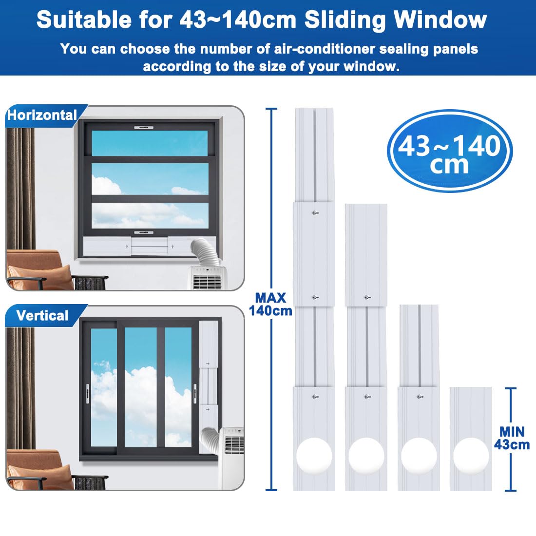 Kit de Sellado de respiradero de Ventana de Aire Acondicionado - para Manguera de Escape de 13 cm y 15 cm, para Ventana Vertical y Horizontal de 43-140 cm - sin Manguera