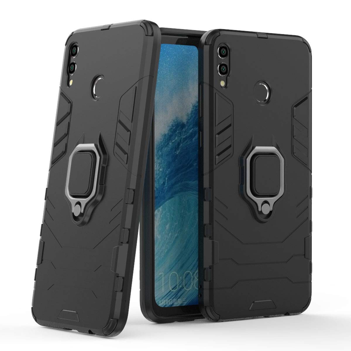 LuluMain Compatible with Huawei Honor 8X Max, Huawei Y Max Case, Metal Ring Grip Kickstand Shockproof Hard Bumper (Works with Magnetic Car ) Dual Layer Rugged Cover (Black)